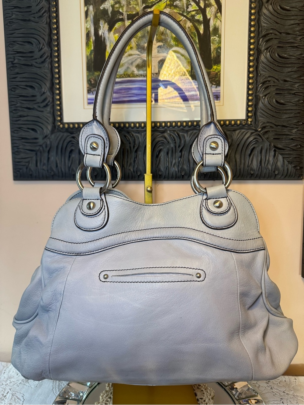 B makowsky Light Gray Leather Shoulder Bag with leopard interior - Picture 2 of 16